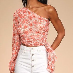 Grow Toward Love Pink Floral Print Pleated One-Shoulder Top - Lulus (M)